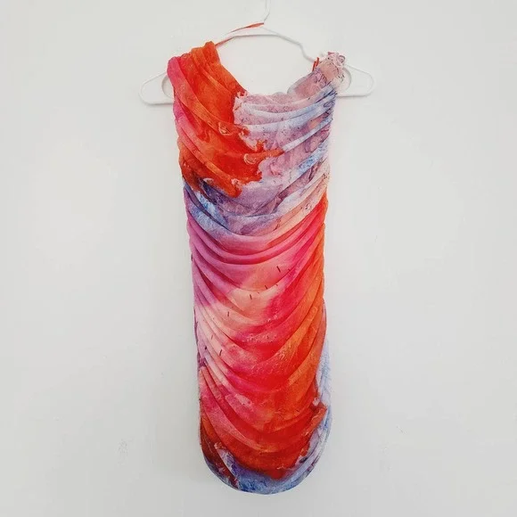 Zara Watercolor Print Tulle Sleeveless Mini Dress Medium Pink Orange Blue - Picture 4 of 10
